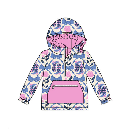 Preorder (moq 8)Baby Girls Pink Blue Flowers Bows Boots Zipper Pocket Ruffle Hoodies Top 9.22