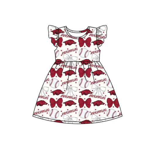 Preorder (moq 5)Baby Girls Flutter Sleeves Baseballs Bows Arkansas Team Knee Length Dresses 6.16