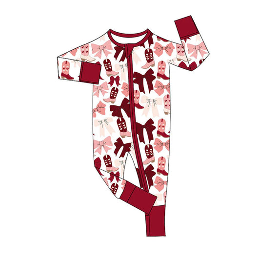 Preorder (moq 8)Baby Girls Pink Red Bows Heart Boots Zipper Footie Rompers 9.18