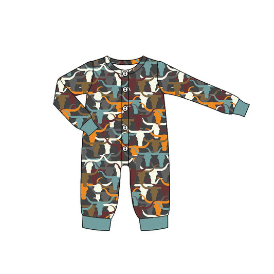 Preorder (moq 5)Baby Boys Western Colorful Cows Buttons Long Sleeves Rompers 6.9