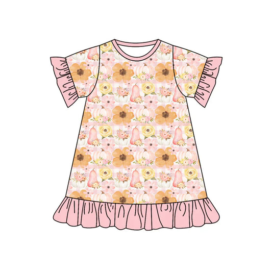 Preorder (moq 5)Baby Girls Short Ruffle Sleeves Flowers Pumpkins Knee Length Dresses 5.24
