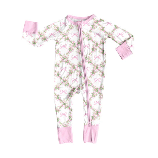 preorder(moq 5)Baby Infant Boys Long Sleeves Pink Bows Flowers Plaid Zipper Rompers 7.31