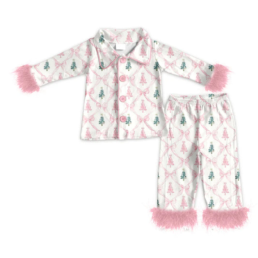 Preorder (moq 5)Baby Girls Long Sleeves With Fur Pink Bows Trees Plaid Top Pant Pajamas Set 5.19