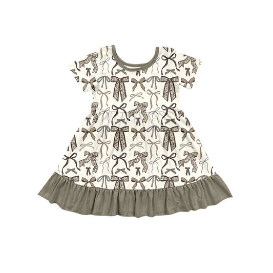 Preorder (moq 5)Baby Girls Short Sleeve Grey Camo Bows Flowers Ruffle Knee Length Dresses 12.15