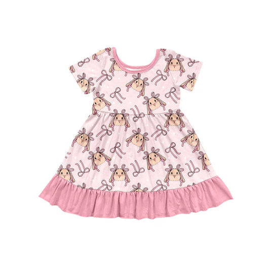 Preorder (moq 8)Baby Girls Short Sleeve Pink Bows Rabbits Ruffle Easter Knee Length Dresses 9.12