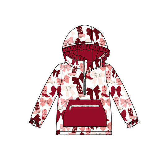 Preorder (moq 5)Baby Girls Red Pink Bows Boots Pockets Zipper Valentine Ruffle Hoodies Top 9.3