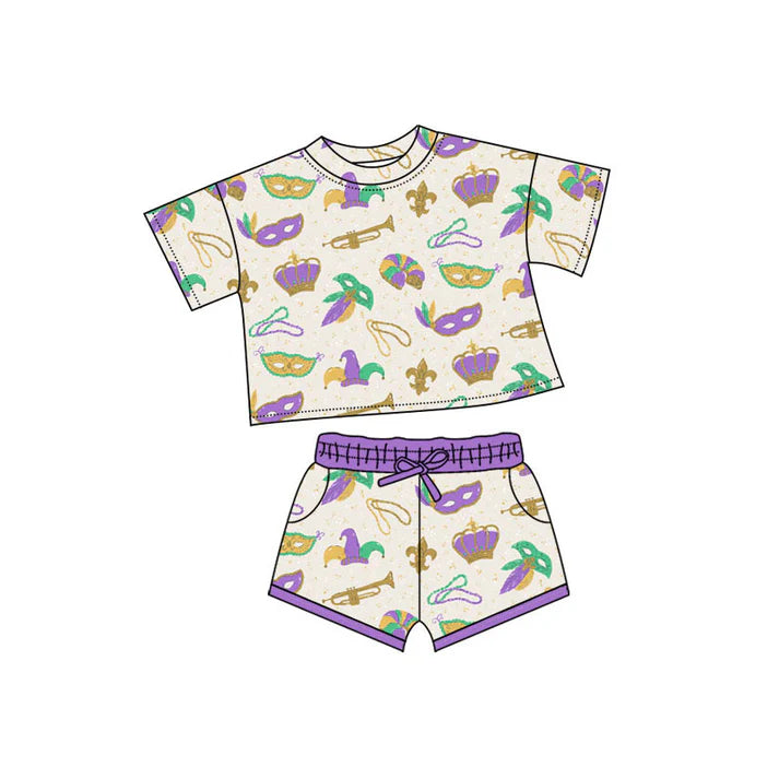 Preorder(moq 5) Baby Girls Mardigras Short Sleeve Anchors Masks Top Pockets Shorts Clothes Sets 10.10
