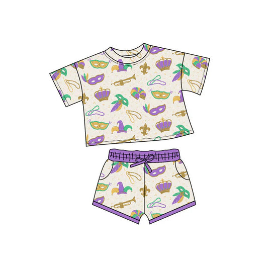 Preorder(moq 5) Baby Girls Mardigras Short Sleeve Anchors Masks Top Pockets Shorts Clothes Sets 10.10