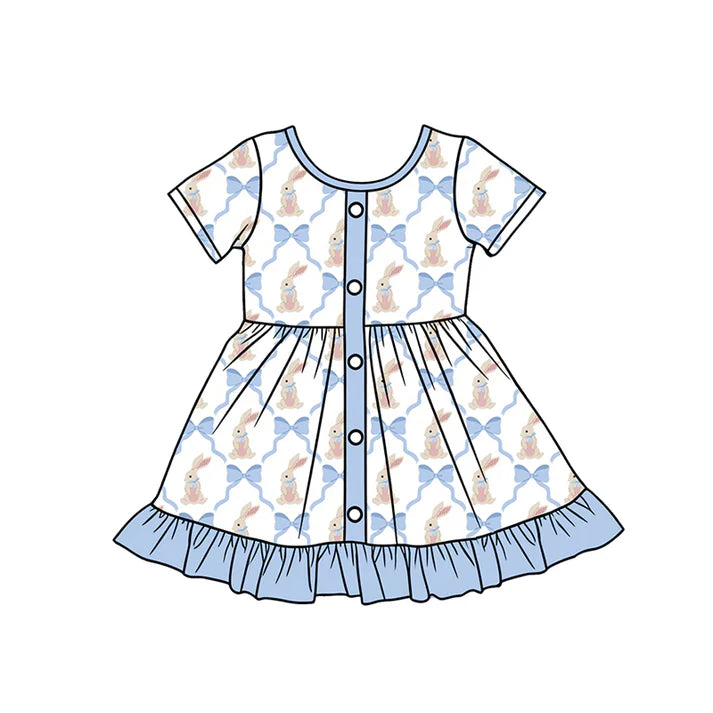 Preorder (moq 5)Baby Girls Blue Bows Rabbits Checked Button Easter Ruffle Knee Length Dress 12.12