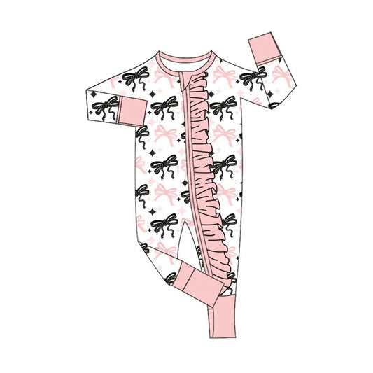 Preorder (moq 5)Baby Girls Pink Black Stars Bows Plaid Ruffle Zipper Footie Rompers 10.30