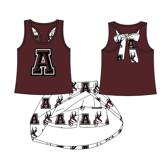 Preorder (moq 5)Baby Girls Wine A Deer vest team Top Skirt Skort Sets 8.12