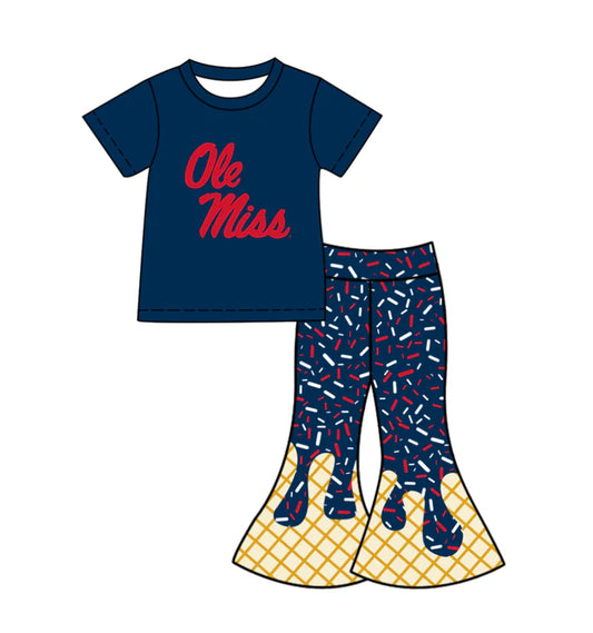 Preorder (moq 5)Baby Girls Navy Ole Miss Top Drip Sprinkles Bell Bottom Pants Team Clothes Sets 11.27