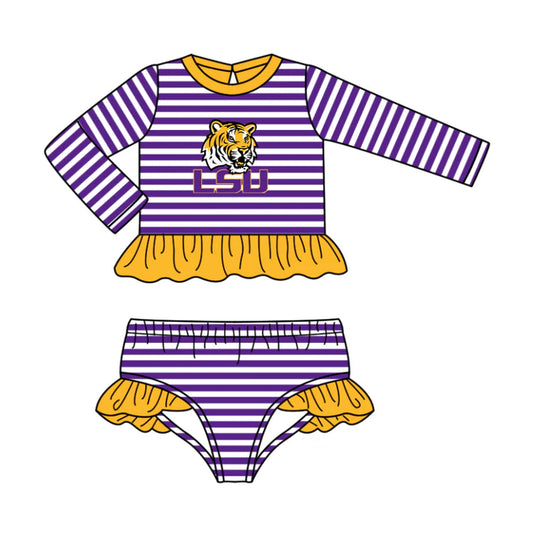 Preorder (moq 5)Baby Girls Purple Stripe LSU Tiger Ruffle Top Bummies Team 2 Piece Swimsuits 12.25