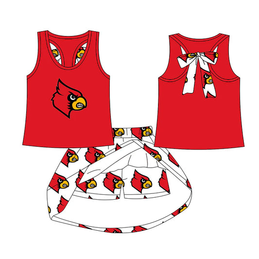 Preorder (moq 5)Baby Girls Red Bird bow vest team Top Skirt Skort Sets 7.21