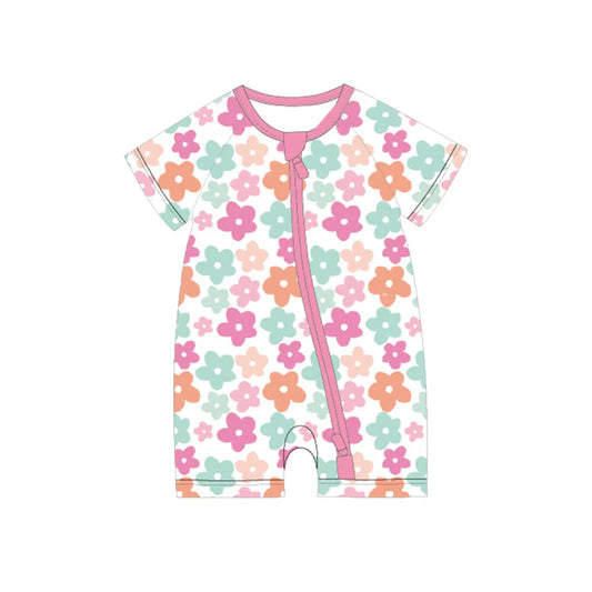 Preorder moq 5 Baby Girls Short Sleeves Colorful Flowers Zipper Rompers 4.29