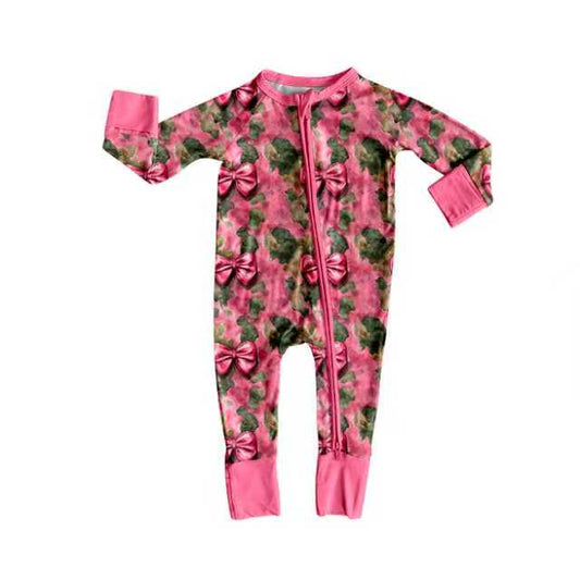 Preorder (moq 8)Baby Girls Green Pink Camo Bows Western Footie Rompers 9.24