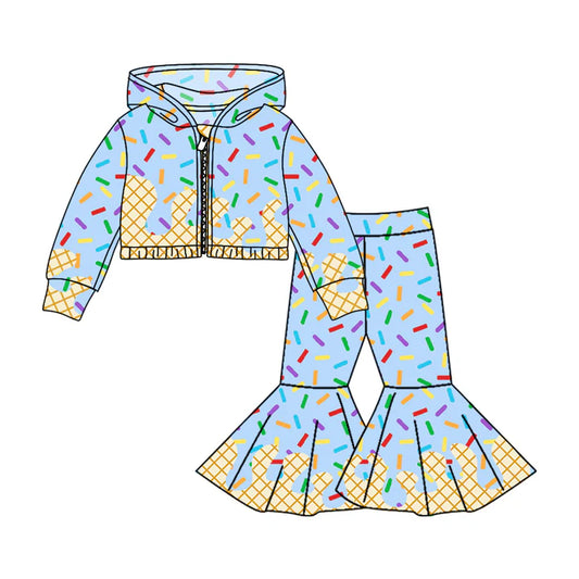 Preorder (moq 5)Baby Girls Blue Long Sleeves Drip Zipper Jacket Top Bell Bottom Pant Team Clothes Sets 8.5