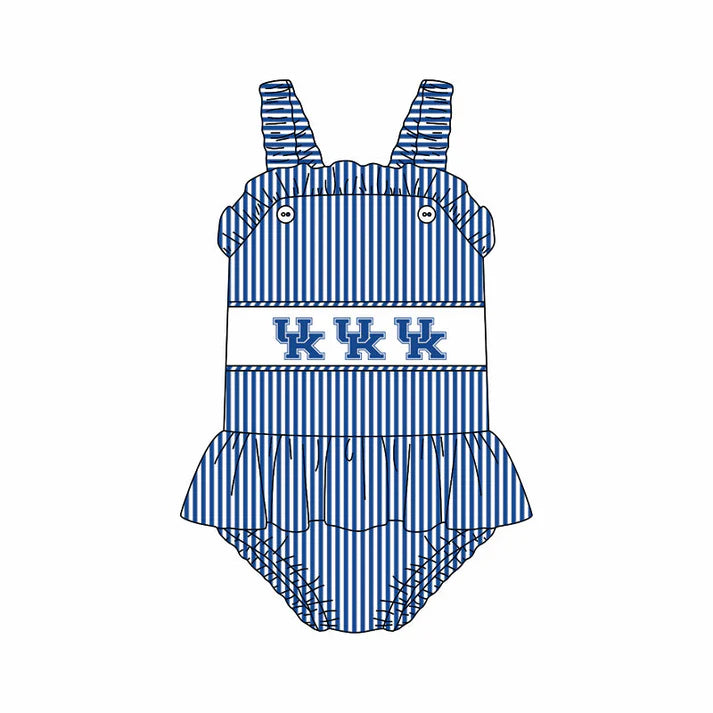 Preorder (moq 5)Baby Girls Strap Blue Stripe UK Tunic Bummies Team Rompers 12.29