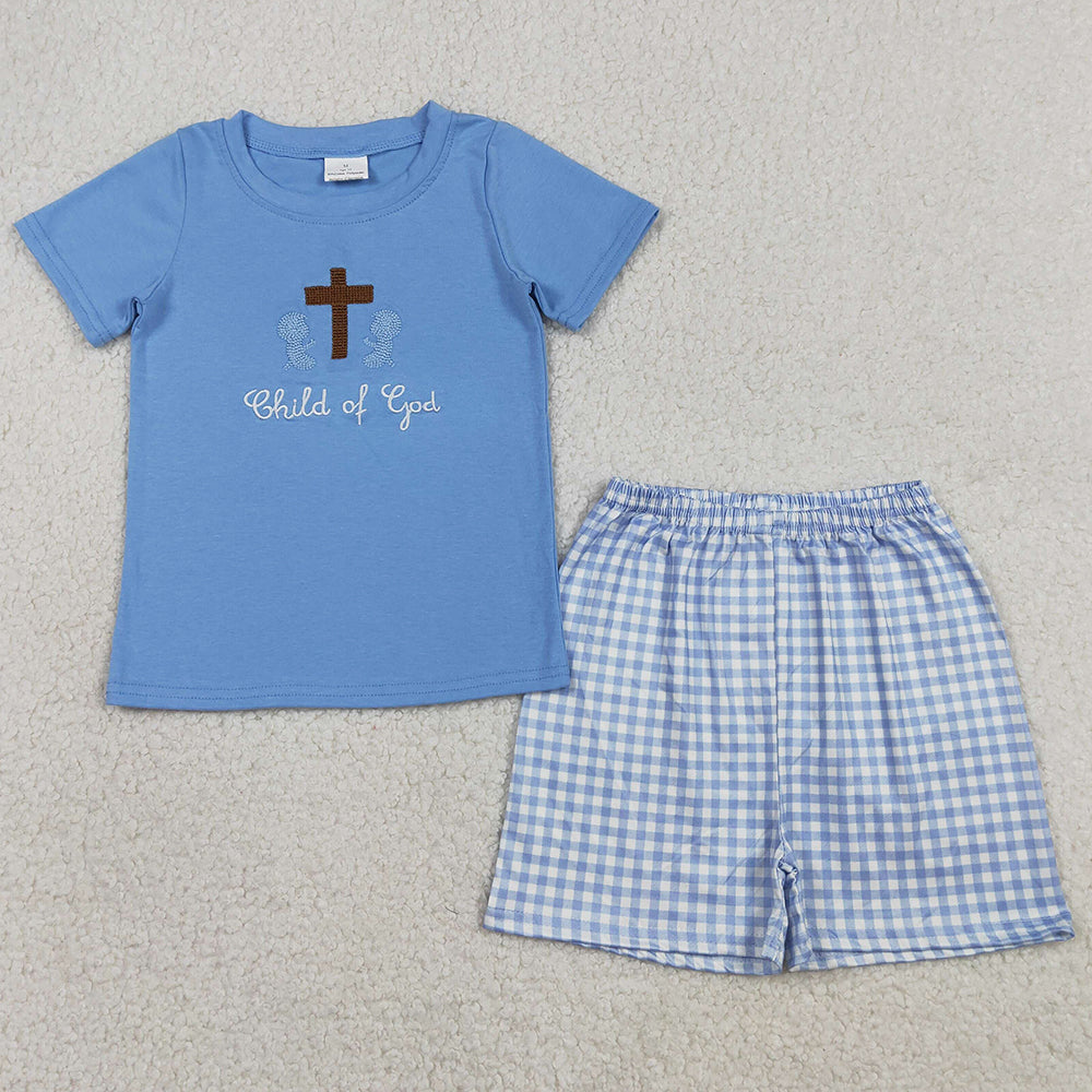 Baby Boys Clothes Embroidery Cross Child of God Top Checked Shorts Clothes Sets BSSO1714