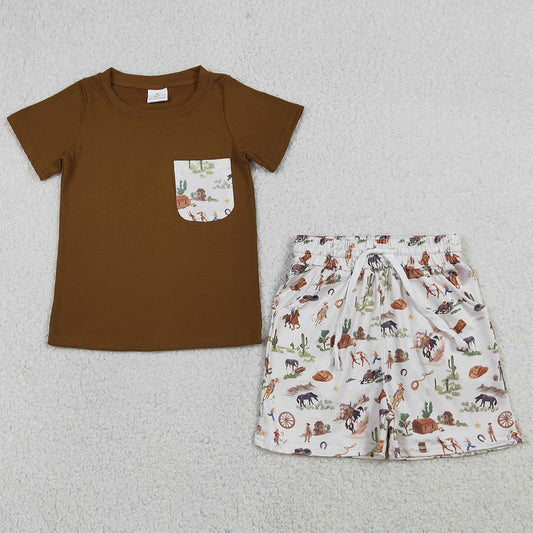 Baby Boys Clothes Shirt Top Horse Rodeos Cactus Pockets Short Western Clothes Sets BSSO1825