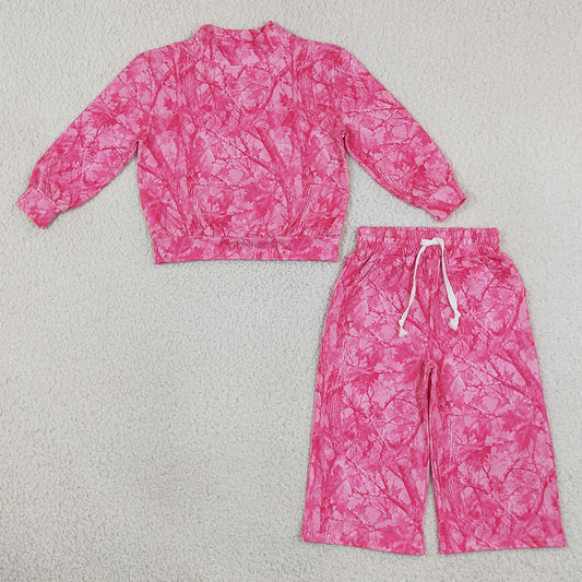 Baby Girls Pink Leaves Camo Choker Top Pockets Flare Pant Clothes Set GLP3650
