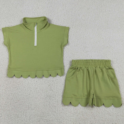 Baby Girls Clothes Green Zip Pullover Top Pockets Short Scallop Clothes Sets GSSO3375