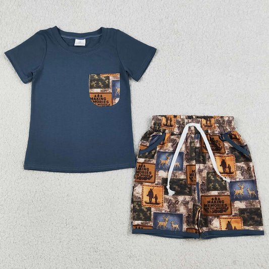 Baby Boys Clothes Shirt Top Deer Camo Checked Pockets Shorts Hunting Clothes Sets BSSO1846
