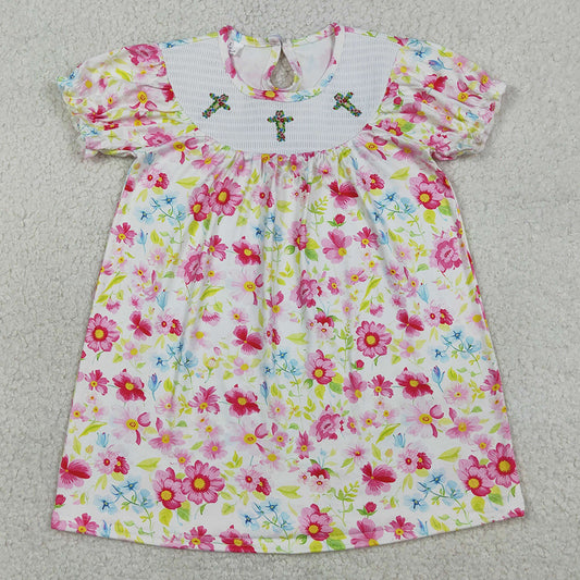 Baby Girls Dress Smocked Floral Crosses Easter Flowers Knee Length Dresses GSD3314