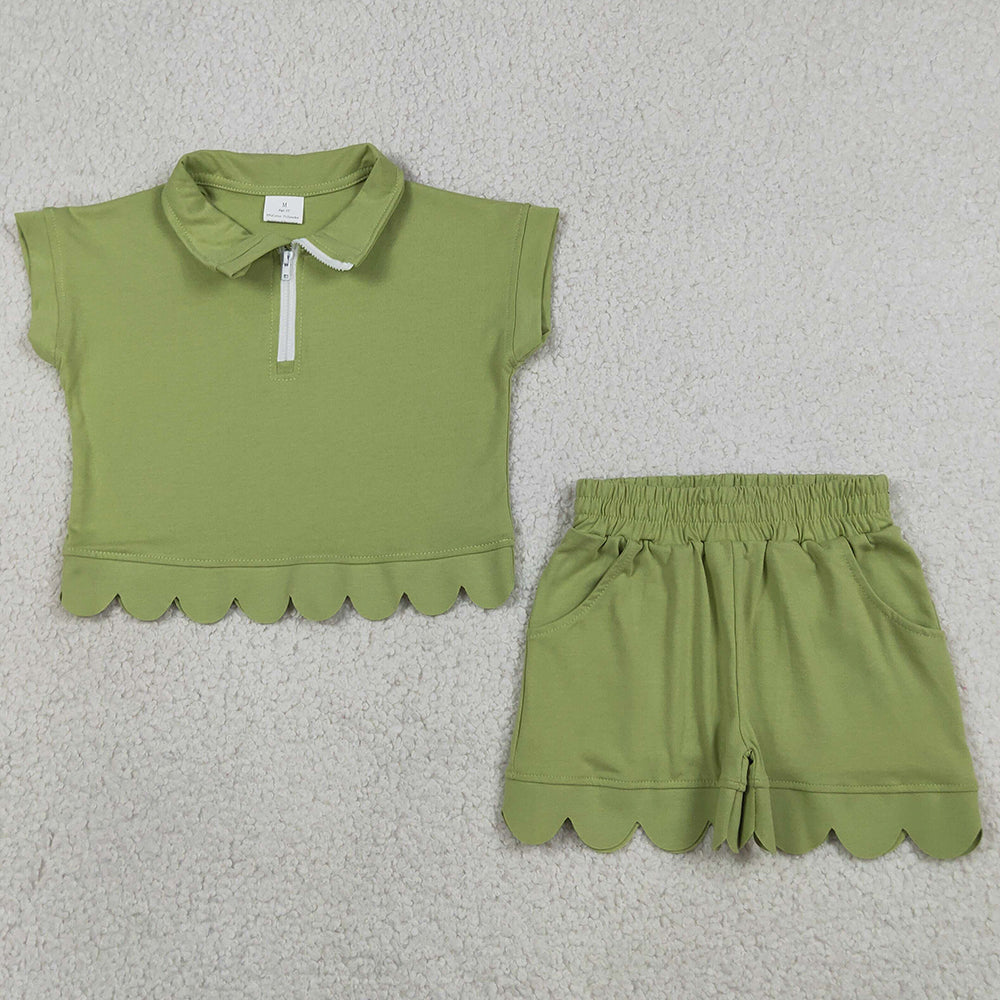 Baby Girls Clothes Green Zip Pullover Top Pockets Short Scallop Clothes Sets GSSO3375