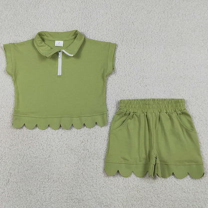 Baby Girls Clothes Green Zip Pullover Top Pockets Short Scallop Clothes Sets GSSO3375