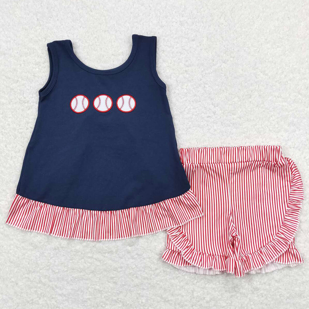 Baby Girls Clothes Baseball Embroidery Tunic Tops Ruffle Shorts Sets GSSO0405