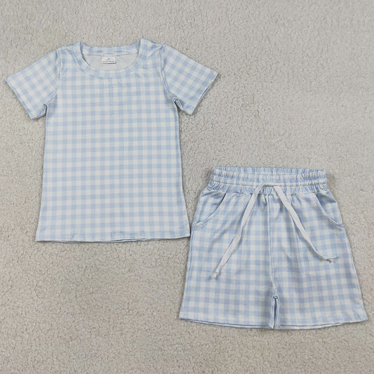 Baby Boys Clothes Light Blue Checked Top Pockets Shorts Clothes Sets BSSO1896