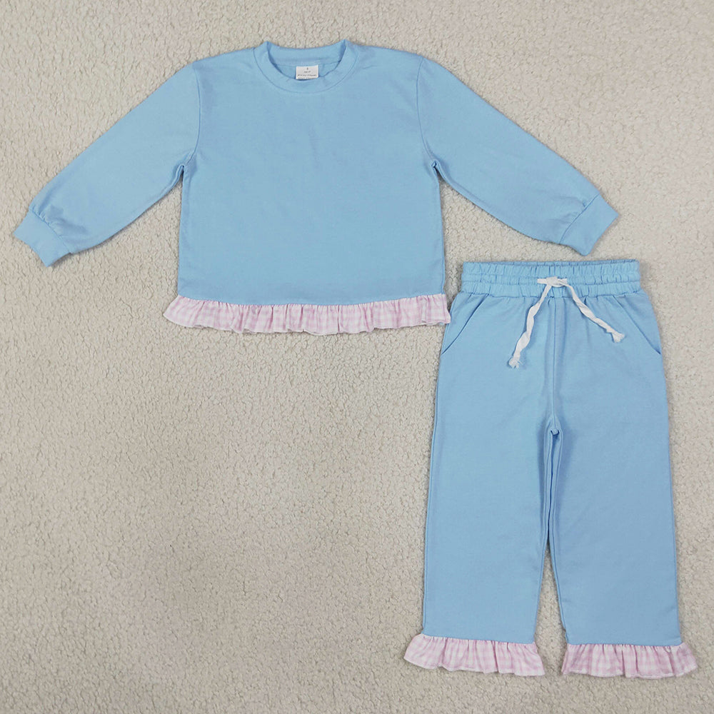 Baby Girls Blue Long Sleeve Top Pockets Ruffle Pant Clothes Set GLP3753