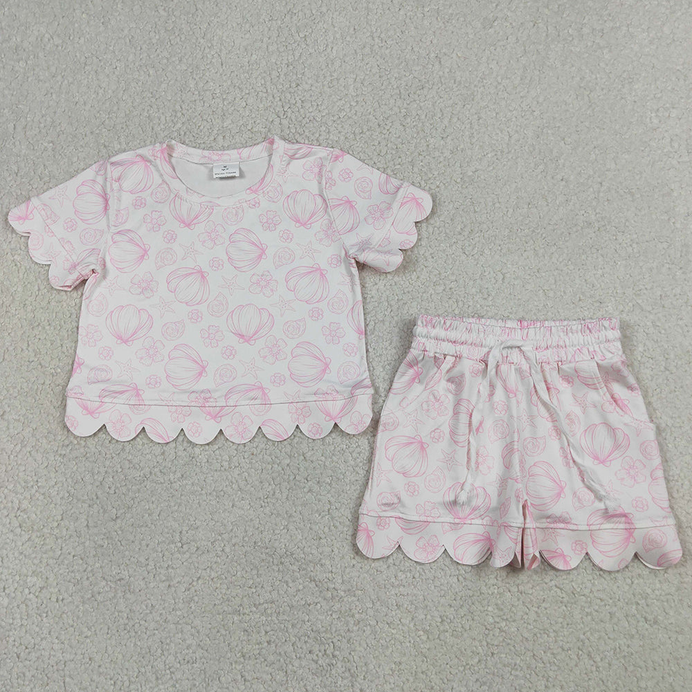 Baby Girls Clothes Shells Flowers Top Pockets Short Scallop Clothes Sets GSSO3729