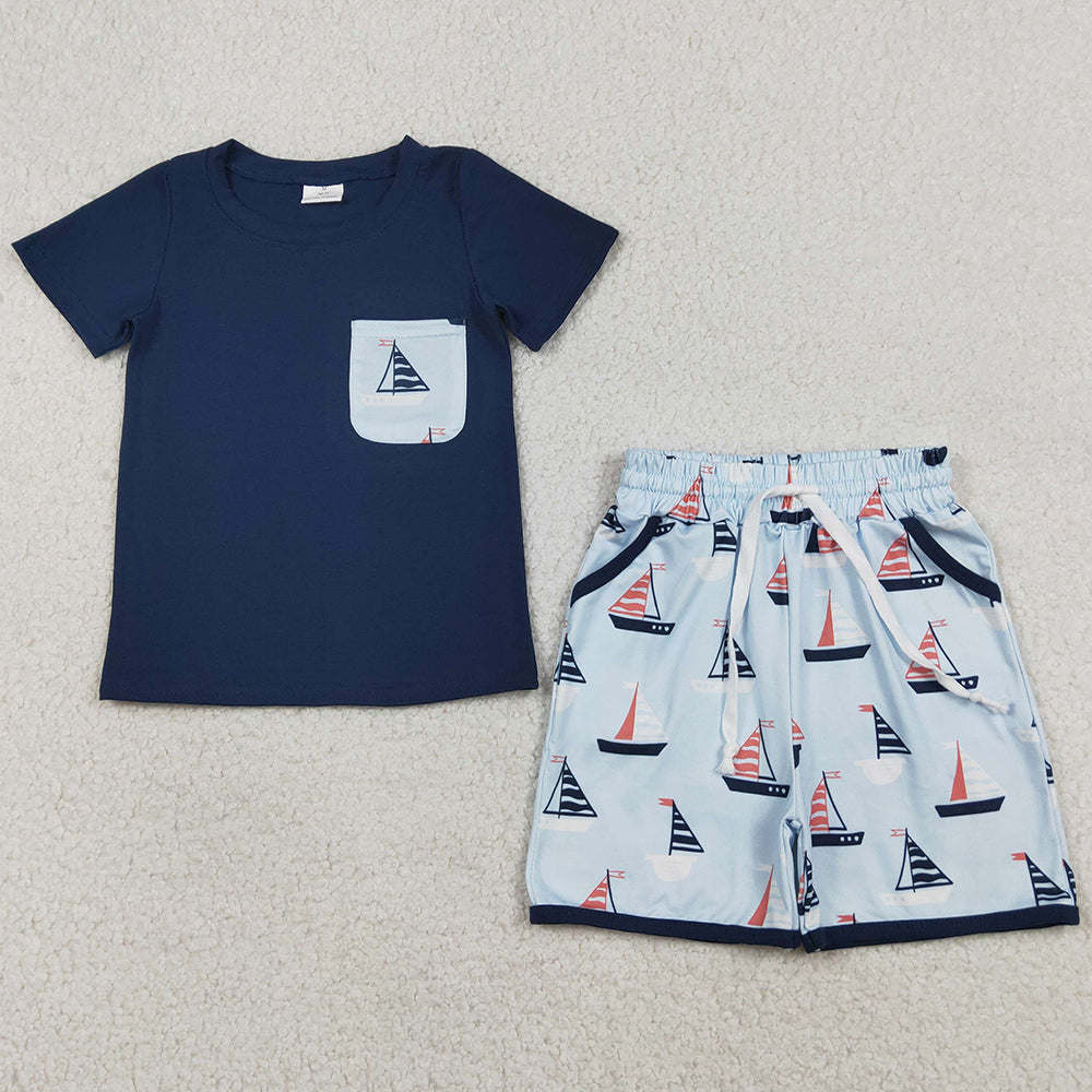 Baby Boys Clothes Navy Short Sleeve Shirt Top Boats Pockets Shorts Clothes Sets BSSO1855