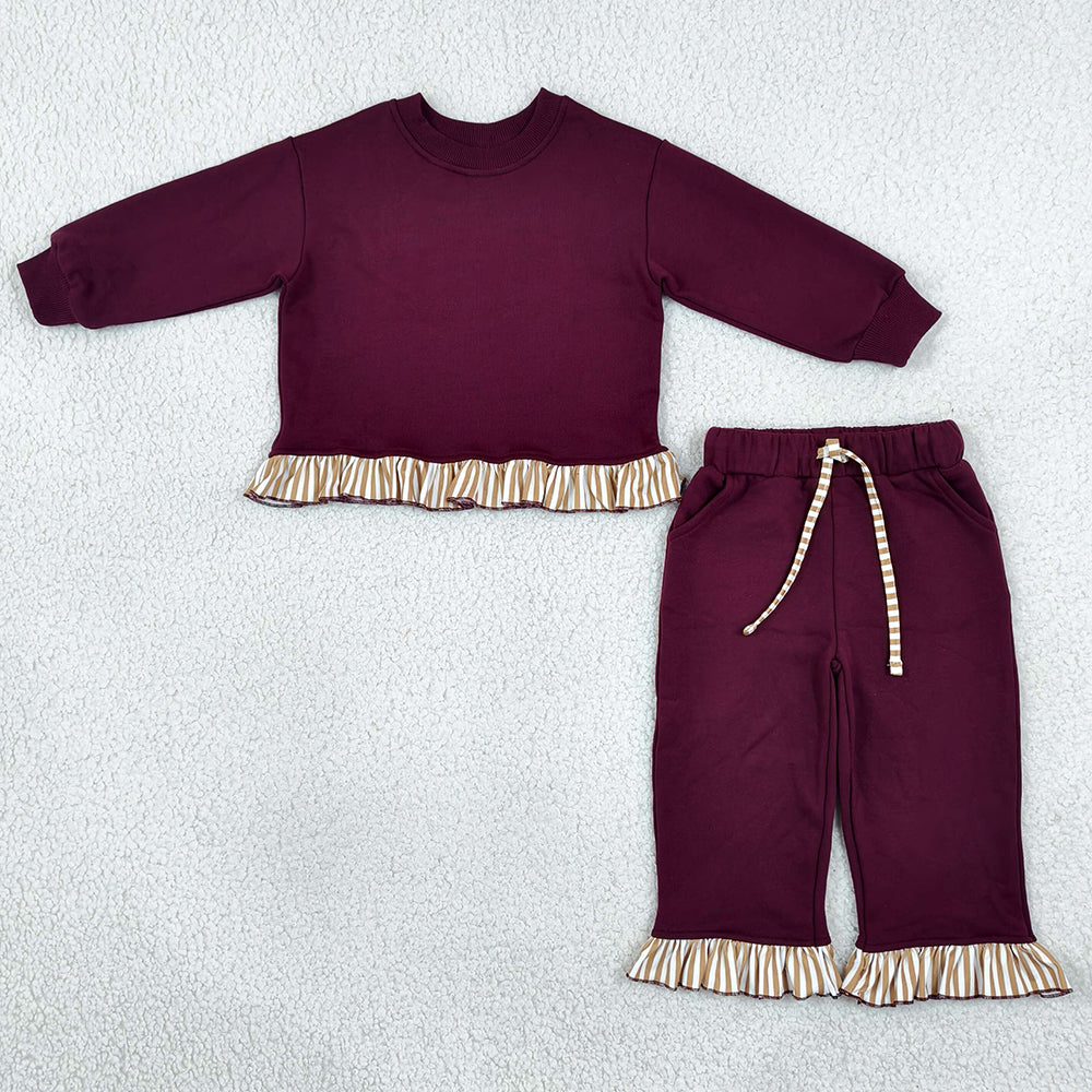 Baby Girls Maroon Long Sleeve Shirts Top Pockets Ruffle Pants Clothes Set GLP3647