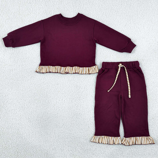 Baby Girls Maroon Long Sleeve Shirts Top Pockets Ruffle Pants Clothes Set GLP3647