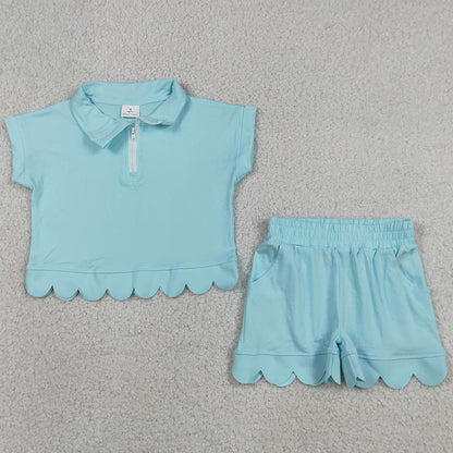 Baby Girls Clothes Blue Zip Pullover Top Pockets Short Scallop Clothes Sets GSSO3376