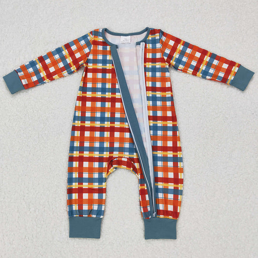 Baby Infant Kids Boys Rompers Thanksgiving Plaid Brown Zip Rompers LR0622