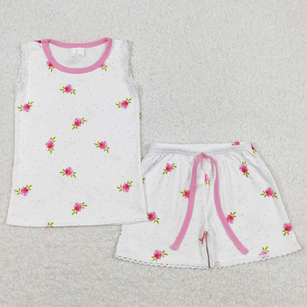 Flower Print Baby Girls Clothes Sleeveless Tops Shorts Sets GSSO0694