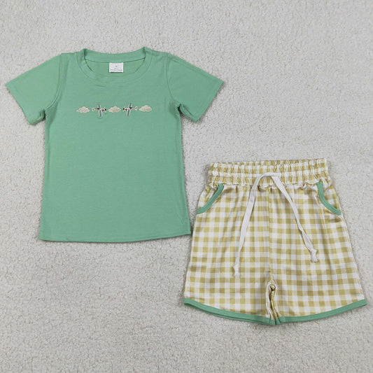 Baby Boys Clothes Embroidery Air Planes Top Checked Pockets Clothes Sets BSSO1684