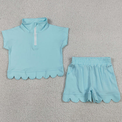 Baby Girls Clothes Blue Zip Pullover Top Pockets Short Scallop Clothes Sets GSSO3376
