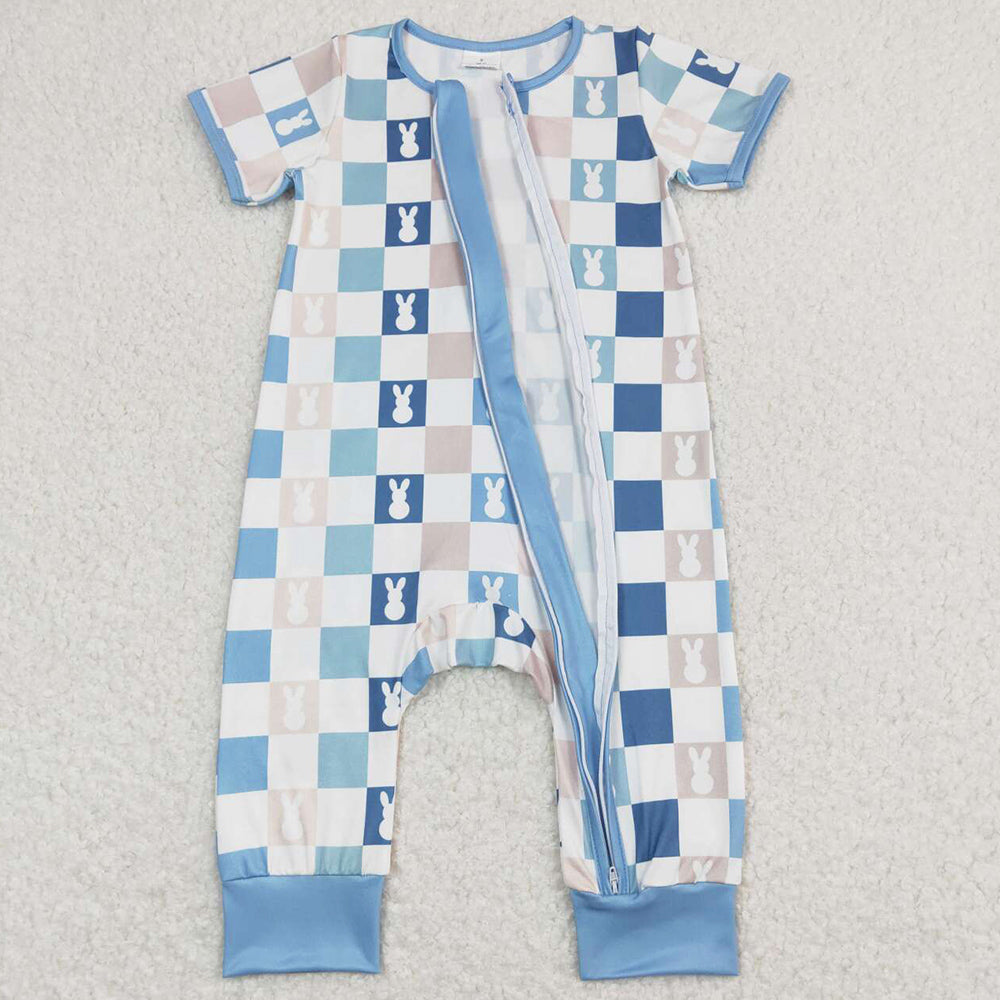 Baby Infant Rompers Easter Kids Blue Checkered Rabbits Zip Rompers SR1013