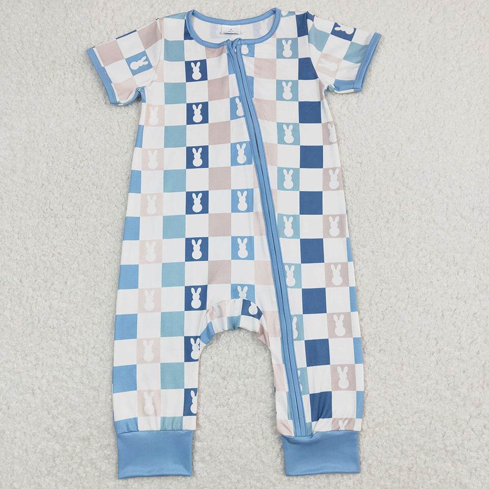 Baby Infant Rompers Easter Kids Blue Checkered Rabbits Zip Rompers SR1013