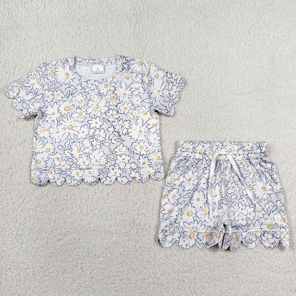 Baby Girls Clothes Short Sleeve Daisy Flowers Top Pockets Shorts Scallop Clothes Sets GSSO3275