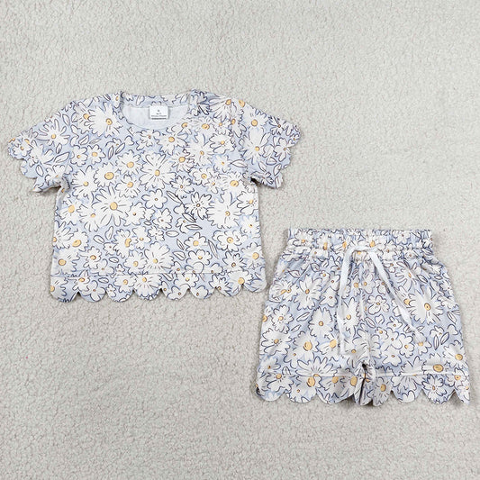 Baby Girls Clothes Short Sleeve Daisy Flowers Top Pockets Shorts Scallop Clothes Sets GSSO3275