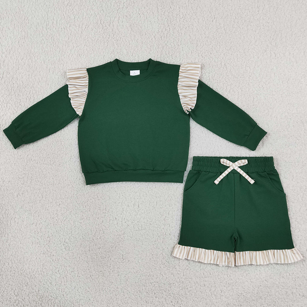 Baby Girls Clothes Dark Green Stripe Shirts Top Pockets Ruffle Short Clothes Set GLS0218