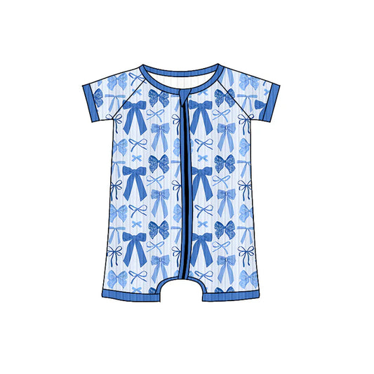 Preorder (moq 5)Baby Girls Short Sleeves Hot Blue Bows Plaid Zipper Shorts Rompers 6.4