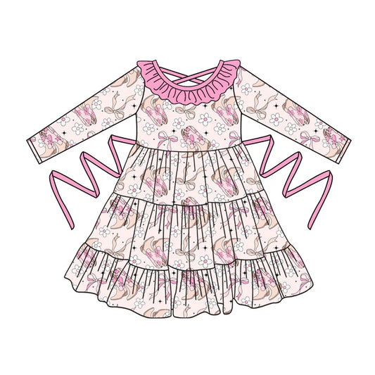 Preorder moq 5 Baby Girls Long Sleeves Pink Boots Flowers With Belt Ruffle Knee Length Dresses 5.2