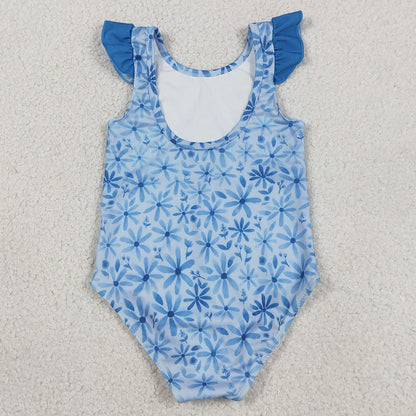 Baby Girls Swimsuits Flutter Sleeve Blue Flowers One Piece Bummies Swimsuits S0515